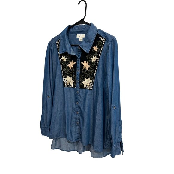 Style & Co Womens Embroidered Denim Long Sleeve Button Up Shirt Sz L - Picture 3 of 9
